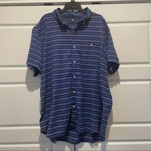 Vineyard Vines Blue Short Sleeve Button Up Shirt Pink Stripes Linen Cotton Blend